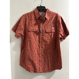 Eddie Bauer Button Shirt‎ Mens MEDIUM Red ORANGE Fish Print Short Sleeve